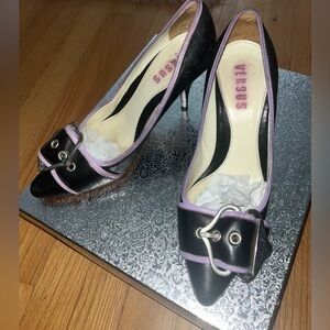 Versus Versace Black Leather Vintage Kitten Heels with Purple Trim & Buckle